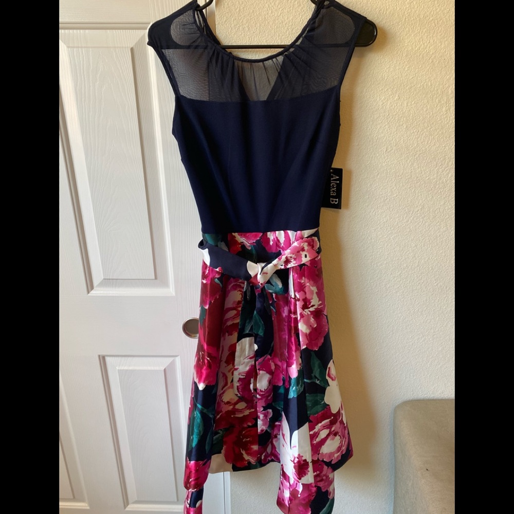 Elegant Navy and Pink Floral Midi Dress
